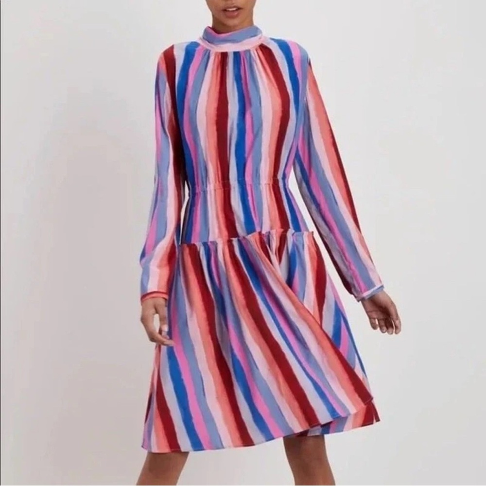 THE KIT M Joey Dress Rose Colorful Feminine Bright Stripe Open Back Tie Modest